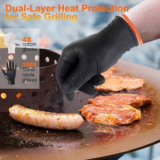 BBQ Gloves for Grilling Disposable Heat Resistant - 100 Nitrile Gloves + 4 Reusable Cotton Liners for Barbecue Smoker, Cooking Hot Meat - 10Mil Thick, Non-Slip Grip - Black Large