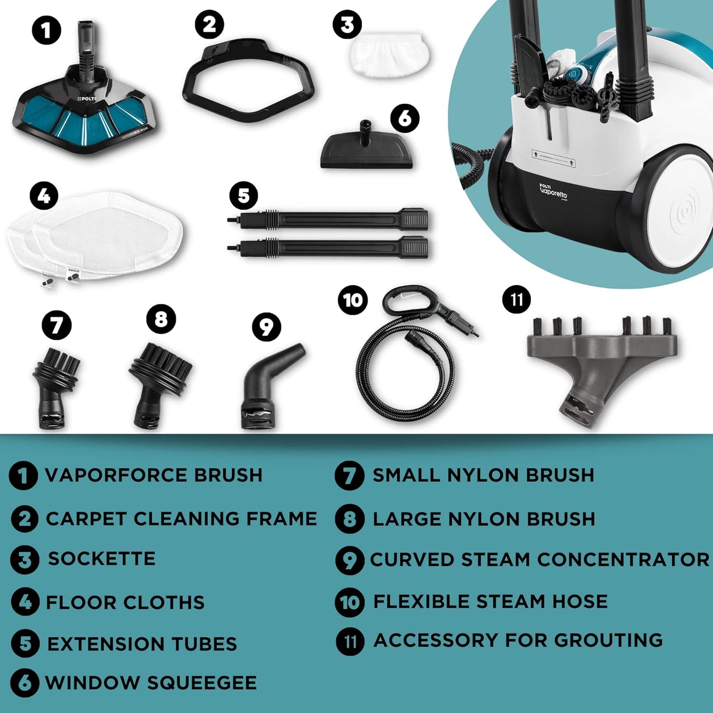 POLTI Vaporetto Smart 100 Steam Cleaner with Unlimited Steam Technology, Sanitize Floors, Carpets and Surfaces Adjustable High Power Steam Pressure Up to 58 PSI with 10 Accessories 1 Year Warranty
