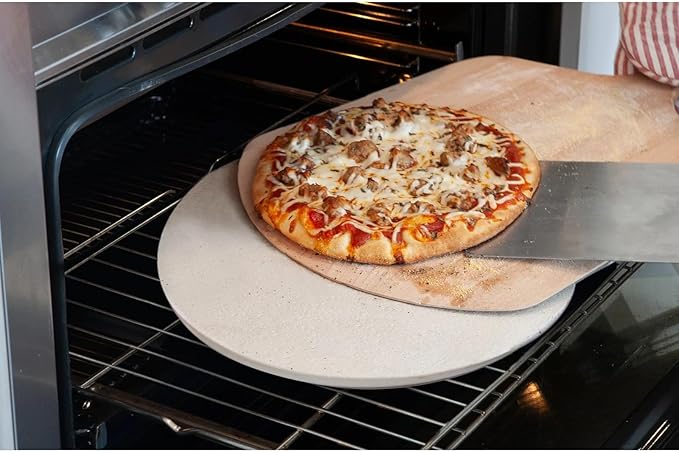 FibraMent-D Premium 3-Piece Pizza Stone Set Perfect for Home Ovens - 13-5/8" Round Pizza Stone, Peel & Rocker Pizza Cutter, Durable Baking Stone for Bread, Pastries Ranked 'BEST OVERALL PIZZA STONE'