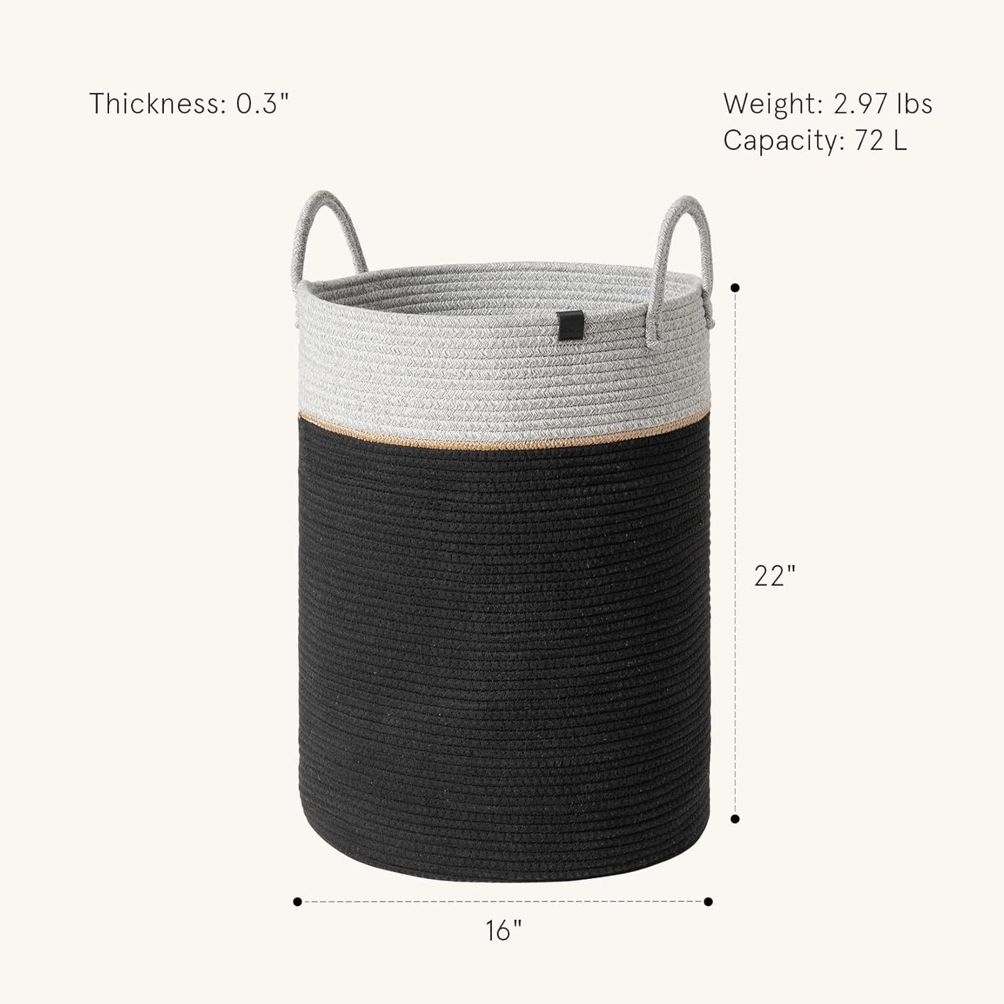 LA JOLIE MUSE Woven Basket Rope Storage Baskets - Large Cotton Organizer, Basket for Baby Blanket, Kids Toy Nursery Laundry Basket Ebony Black XL
