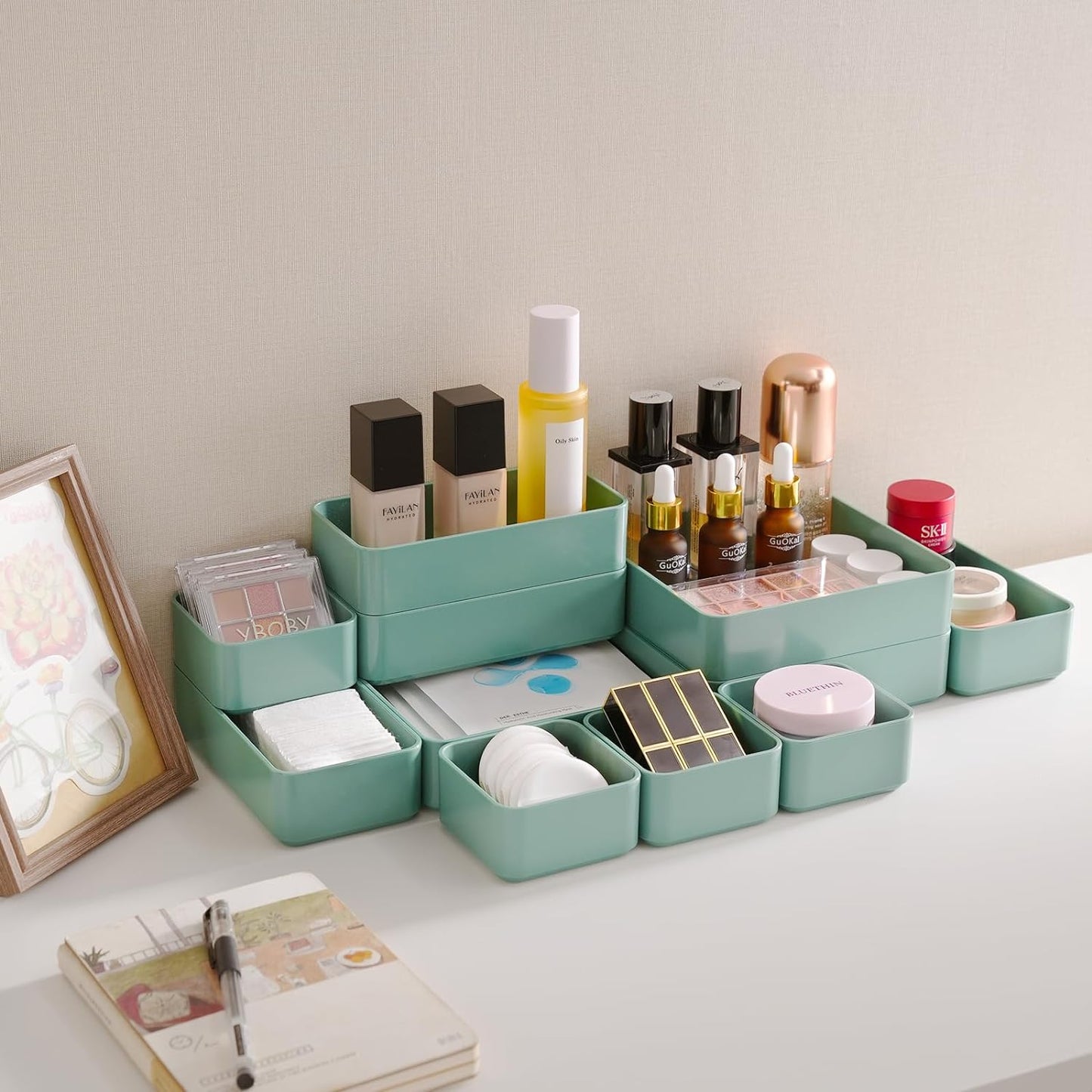 11-Piece Stackable Drawer Organizer Set, Multi-size Desk Drawer Organizer Trays Vanity Storage Bins for Storing Makeup, Stationery, Utensils in Bathroom Dresser, Office and Kitchen