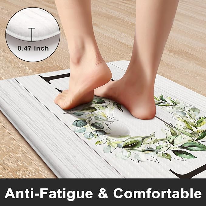 KIMODE Kitchen Anti Fatigue Rug Set of 2, Ergonomic Standing Kitchen Mat Set 2PCS, Farmhouse Kitchen Runner Stain Resistant, Non Slip Waterproof Kitchen Mats for Floor, 20" x 71" + 20" x 32", White