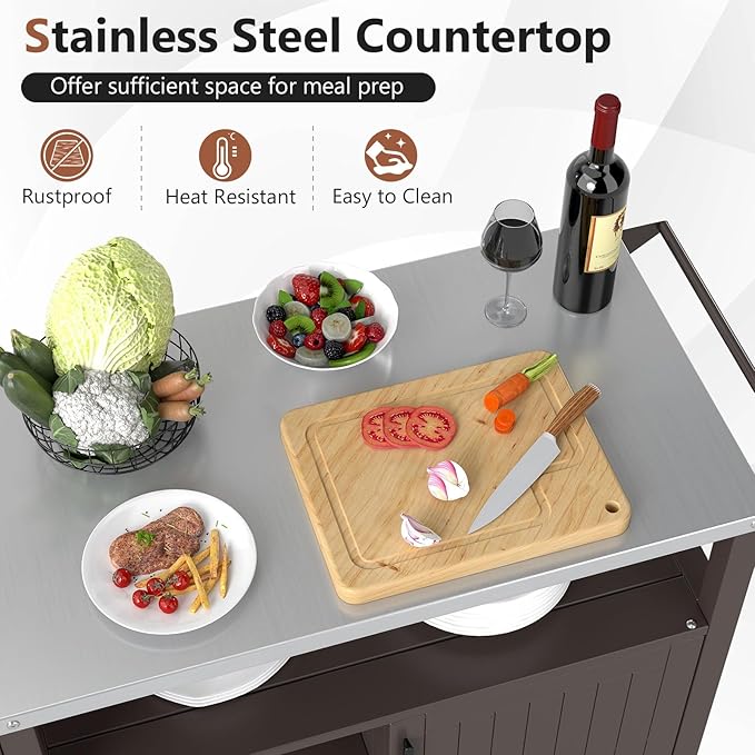 Giantex Outdoor Grill Cart with Storage Cabinet & Shelves, Patio Kitchen Island Table with Stainless Steel Top, Spice & Towel Rack, Movable Pizza Oven Stand on Wheels, Rolling Bar Cart BBQ Prep Table