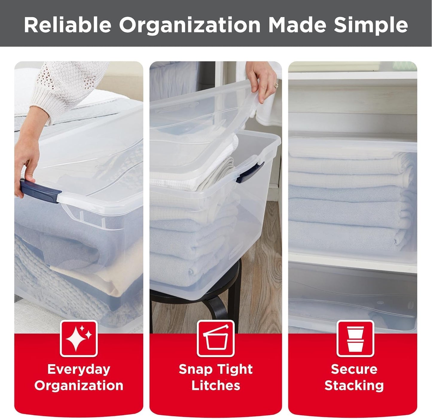 Rubbermaid Cleverstore 74 Qt Clear Storage Bins with Lids, 4-Pack, Stackable, BPA-Free, Made in USA