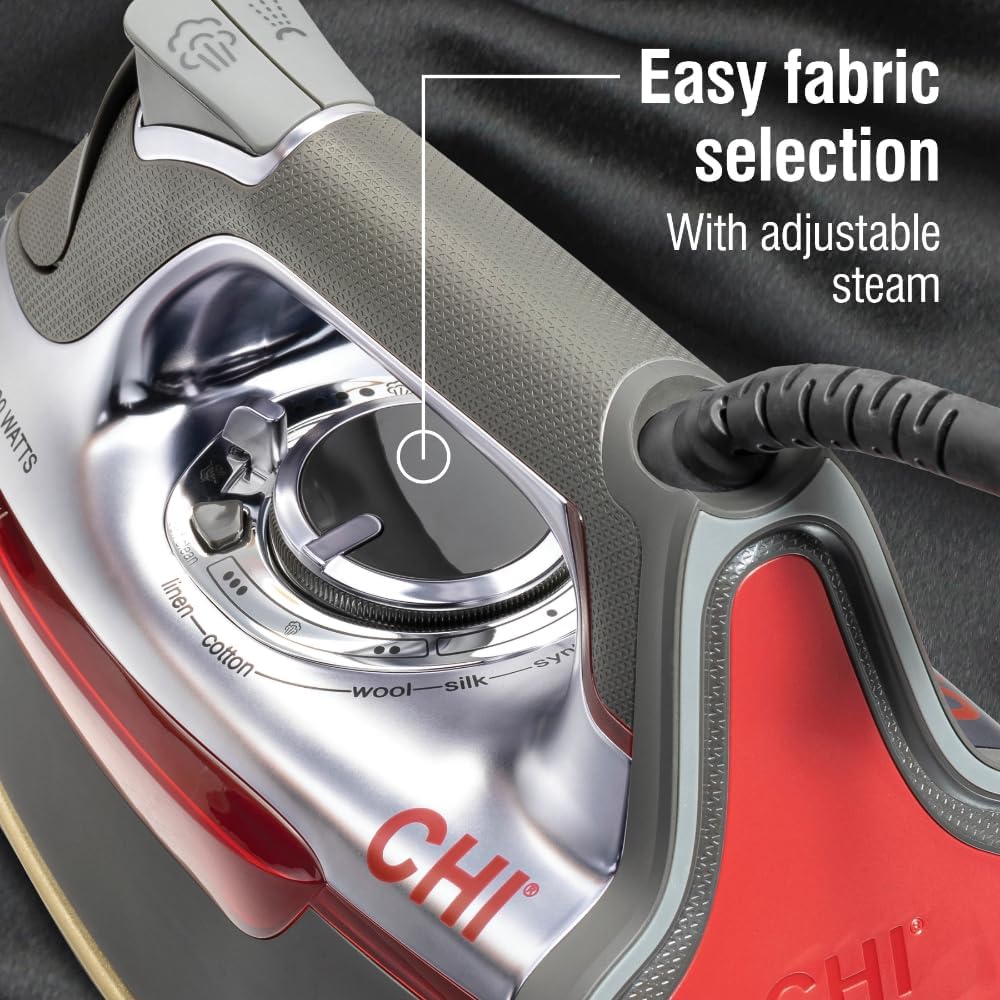 CHI Steam Iron for Clothes with 300+ Holes for Powerful Steaming, Temperature Guide Dial, 1700 Watts, XL 10’ Cord, 3-Way Auto Shutoff, Titanium Infused Ceramic Soleplate, Silver (13101)