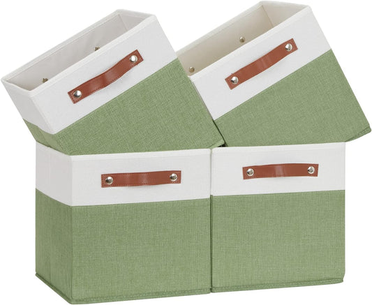 Temary Fabric Storage Bin 11x11 Cube Storage Bins for Home, 4 Pack Fabric Organizer Bins Cube Organizer Bins with Leather Handles Decorative Storage Bins for Shelf (White&Green)