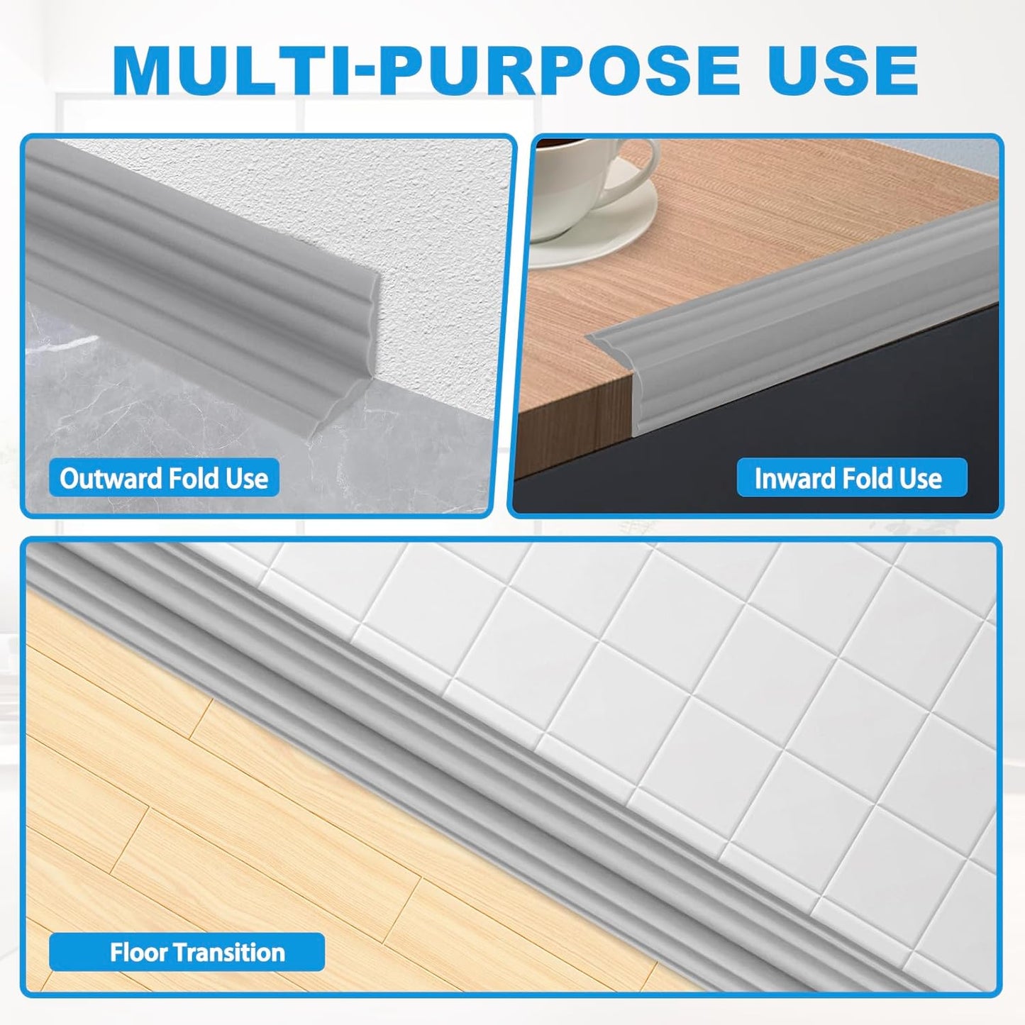 Wall Corner Protector Peel and Stick Corner Trim Molding Flexible Inside & Outside Wall Edge Guard Self Adhesive Moulding Trim for Edge Use, Gray, 1.6” W x 10’ L