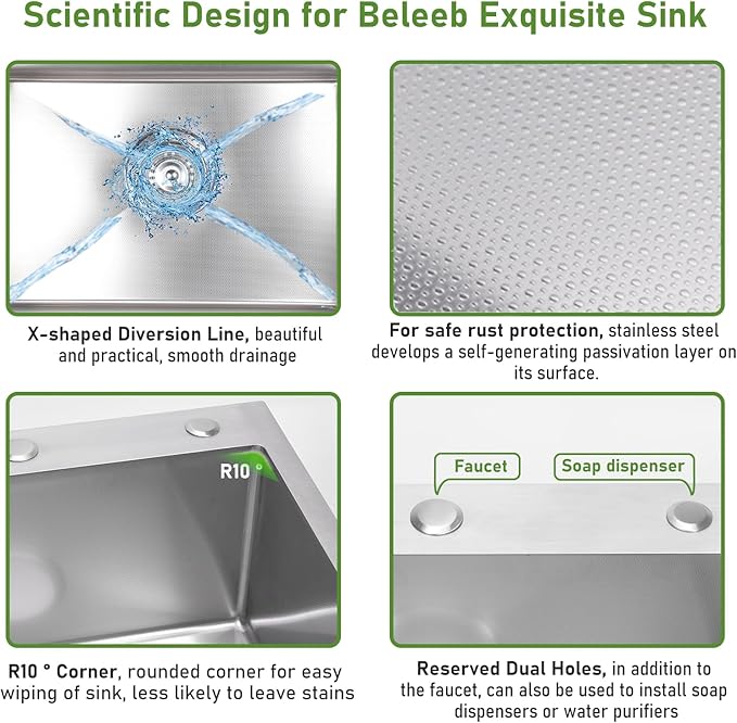 Drop In Kitchen Sink 25x22", 9" Basin Depth, 18 Gauge Stainless Steel Sink, 3D Embossed Surface Finish Top Mount with Accessories