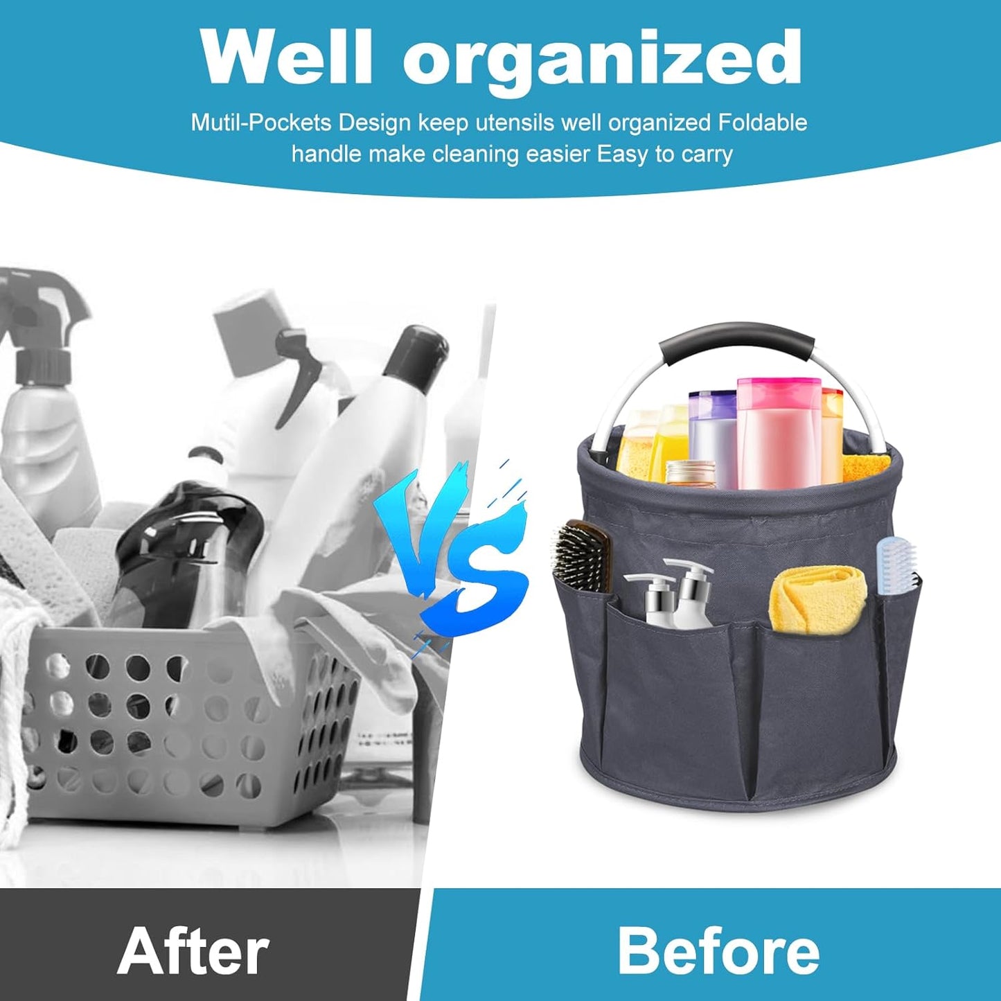 Qivine 17L Cleaning Caddy with Handle, Cleaning Supply Caddy Foldable Tool Bag Cleaning Products Organizers Portable Cleaning Bucket Organiser for Storing Towels (Dark Gray)