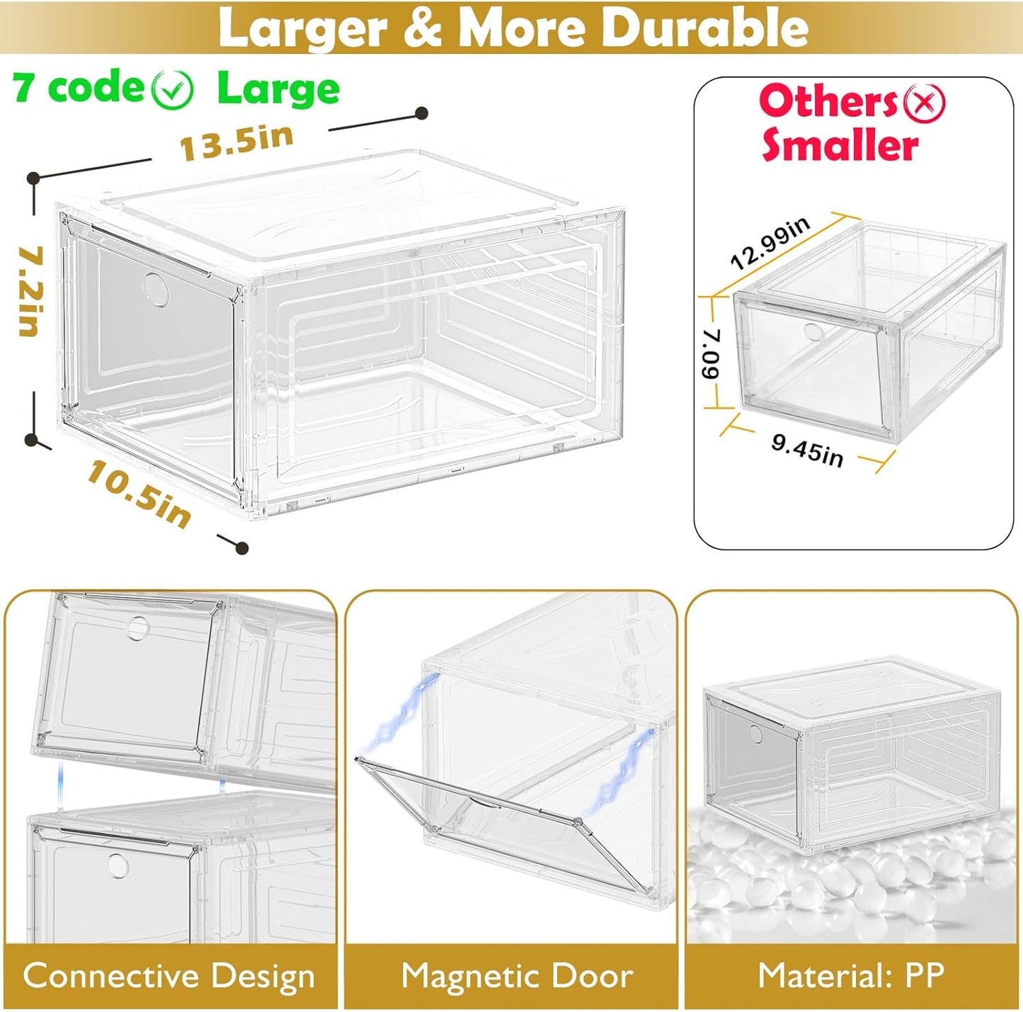 7 code Large Clear Shoe Boxes Organizer【Thicker Material】 Stronger Shoe Box with Magnetic Door, Stackable Shoe Storage Box for Closet, Foldable Space-Saving Storage Bins Shoe Cabinet, White 9 Pack