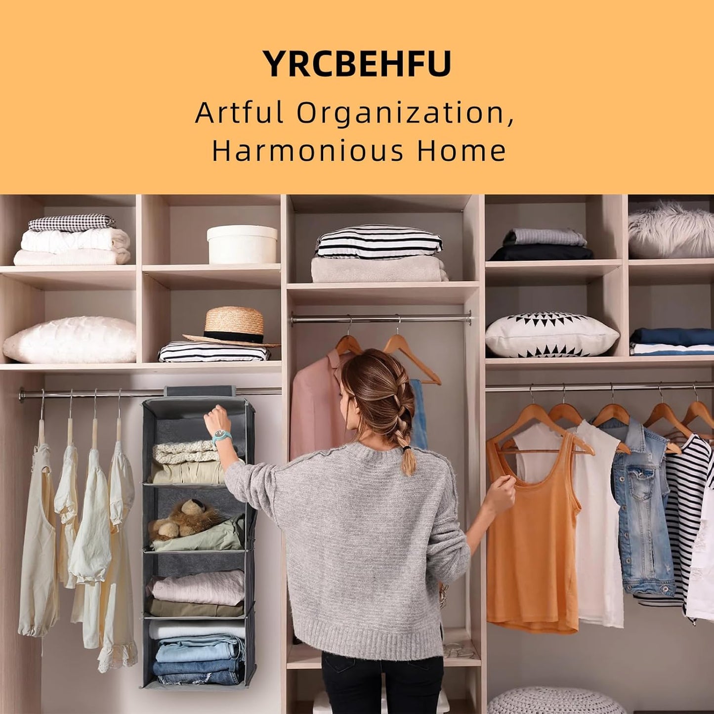 2 Packs Hanging Closet Organizer Stroage, 3-Shelf Hanging Shelves with Bamboo Inserts & Side Pocket, Grey
