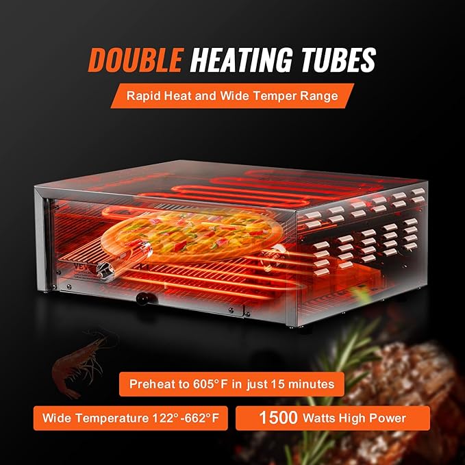 VEVOR Countertop Electric Pizza Oven, 12-inch, 1500W, 122-662℉ Temp Range, Stainless Steel Construction and Easy-to-Clean Crumb Tray, Suitable for Both Commercial and Home Use