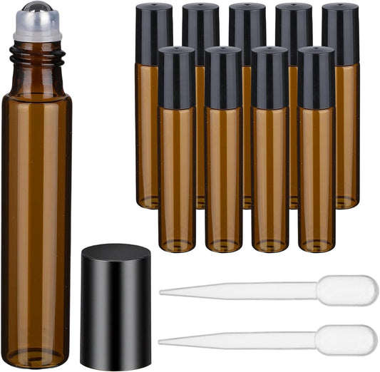 10pcs Amber Essential Oil Roller Bottles, 10ml Roller Bottles for Essential Oils, Refillable Roller Balls for Essential Oils, with Stainless Steel Roller Balls, 2 Droppers for Travel, Perfume and Lip