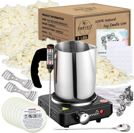 Soy Wax Candle Making Kit Supplies With Wax Melter, Natural Candle Wax for Candle Making - DIY Candles Making Supplies, Including 3lbs Soy Wax Flakes, Melting Pot, Electric Stove, Candle Wick