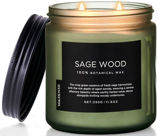 M&SENSE Sage Wood Scented Candle, 11.6oz 70 Hours Long Lasting Clean Non Toxic All Natural Soy Wax Candle for Relaxing & Stress Relief, 2 Wick Home Fragrance Gifts for Home Decor