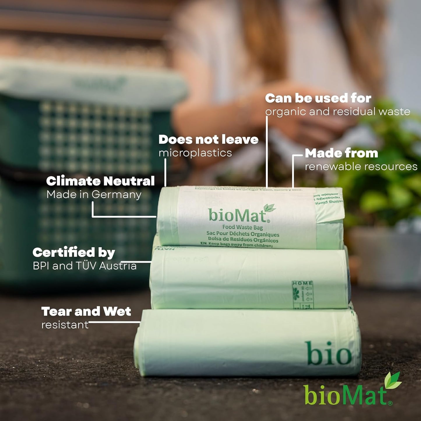 bioMat 3 Gallon Compost Bags, 125 Count, Compostable Trash Bags for Kitchen Compost Bin, BPI ASTM D6400 and CMA Certified Biodegradable Trash Bags