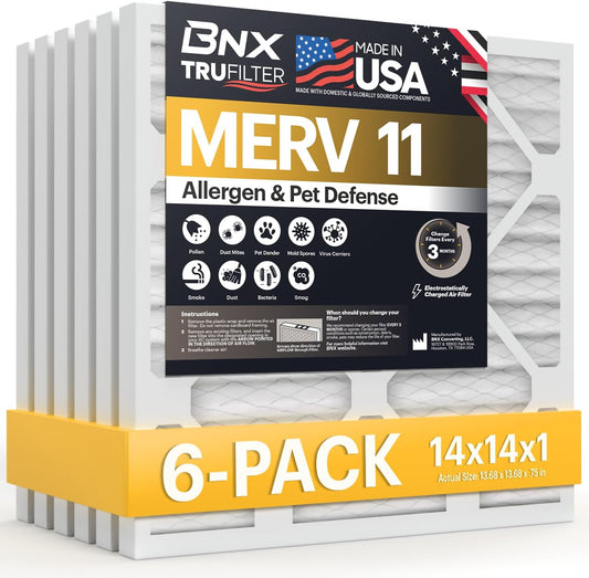 BNX TruFilter 14x14x1 Air Filter MERV 11 (6-Pack) - MADE IN USA - Allergen Defense Electrostatic Pleated Air Conditioner HVAC AC Furnace Filters for Allergies, Dust, Pet, Smoke, Allergy MPR 1200 FPR 7