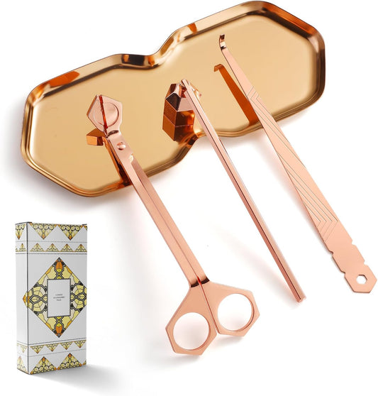 PATOISE 4 in 1 Candle Accessory Set, Wick Trimmer, Candle Snuffer, Wick Scoop,Storage Tray,Perfect for Candle Lovers (Rose Gold)