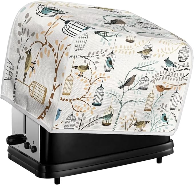 Art Birds Print Bread Maker Cover 4 Slice Dust-proof Microwave Toaster Oven Cover Washable, Anti Fingerprint Bread Machine Protector for Kitchen Accessories