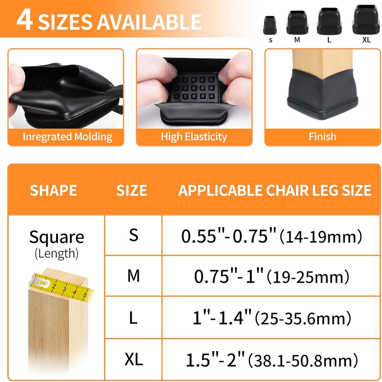Ezprotekt 24 Pcs Chair Leg Sliders for Carpet, Square Black Chair Glides Teflon Furniture Pads, Bar Stool Leg Protectors Caps for Rug - for Dining Table, Couch, Patio Legs (M Fit: 0.75" - 1")
