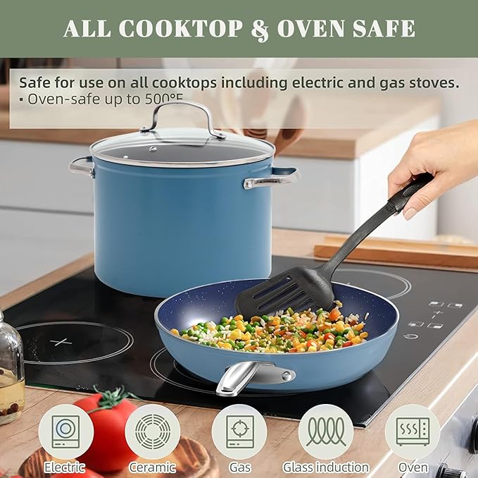 Nuwave Healthy Duralon Blue Ceramic Nonstick Coated 9pc Cookware Set, Scratch-Resistant Diamond Infused, PFAS Free, Induction Ready & Evenly Heats, Oven Safe, Tempered Glass Lids