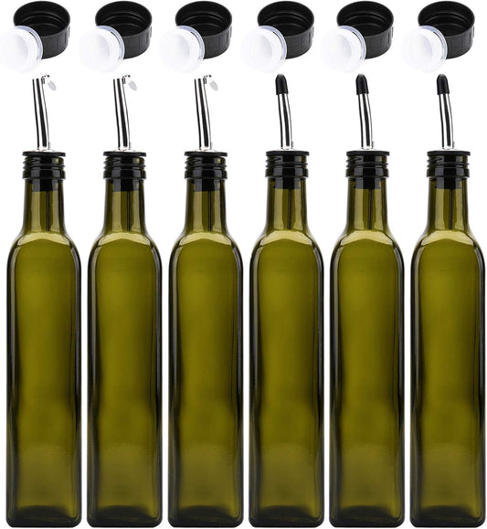 Kingrol 6 Pack 8 oz Glass Olive Oil Dispenser Bottles, Oil and Vinegar Cruets with Stainless Steel Pourer Spouts, Non-Drip Oil Bottles for Kitchen