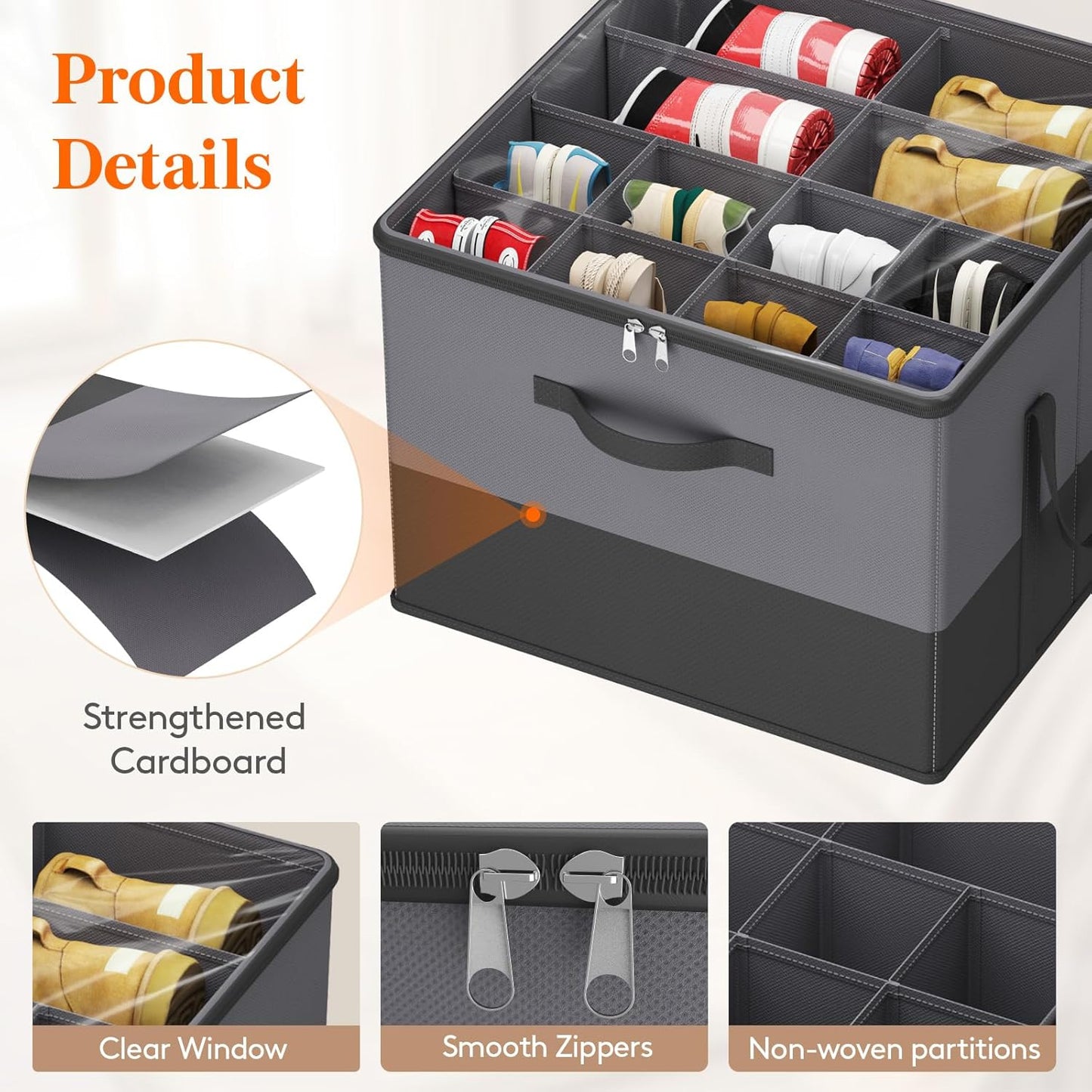 Lifewit Shoe Storage Organizer for Closet Fits 12-16 Pairs, Fabric Large Shoe Box Storage Containers with Clear Cover, Foldable Bins Fit for Boots Sneakers 17"(L) x 17"(W) x 12.5"(H) Gray and Black