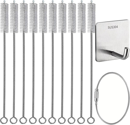 10Pack Straw Cleaner Brush- Long Stainless Steel Straw Brush for Cleaning Reusable Drinking Straws, Water Bottles and Pipes(9 * 0.4-inch)