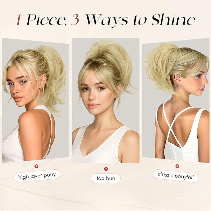 SOFEIYAN Claw Clip Short Ponytail Extension DIY Bendable Wires Hair Bun Fluffy Fake Hair Piece Straight Synthetic Hair Ponytail Extensions for Wonen - Light Blonde with Platinum Tips