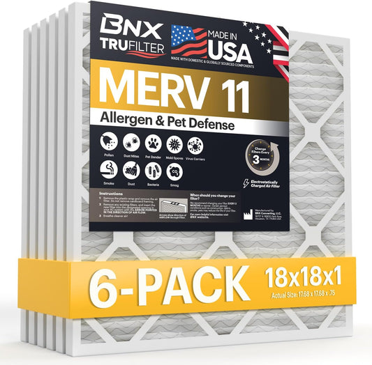 BNX TruFilter 18x18x1 Air Filter MERV 11 (6-Pack) - MADE IN USA - Allergen Defense Electrostatic Pleated Air Conditioner HVAC AC Furnace Filters for Allergies, Dust, Pet, Smoke, Allergy MPR 1200 FPR 7