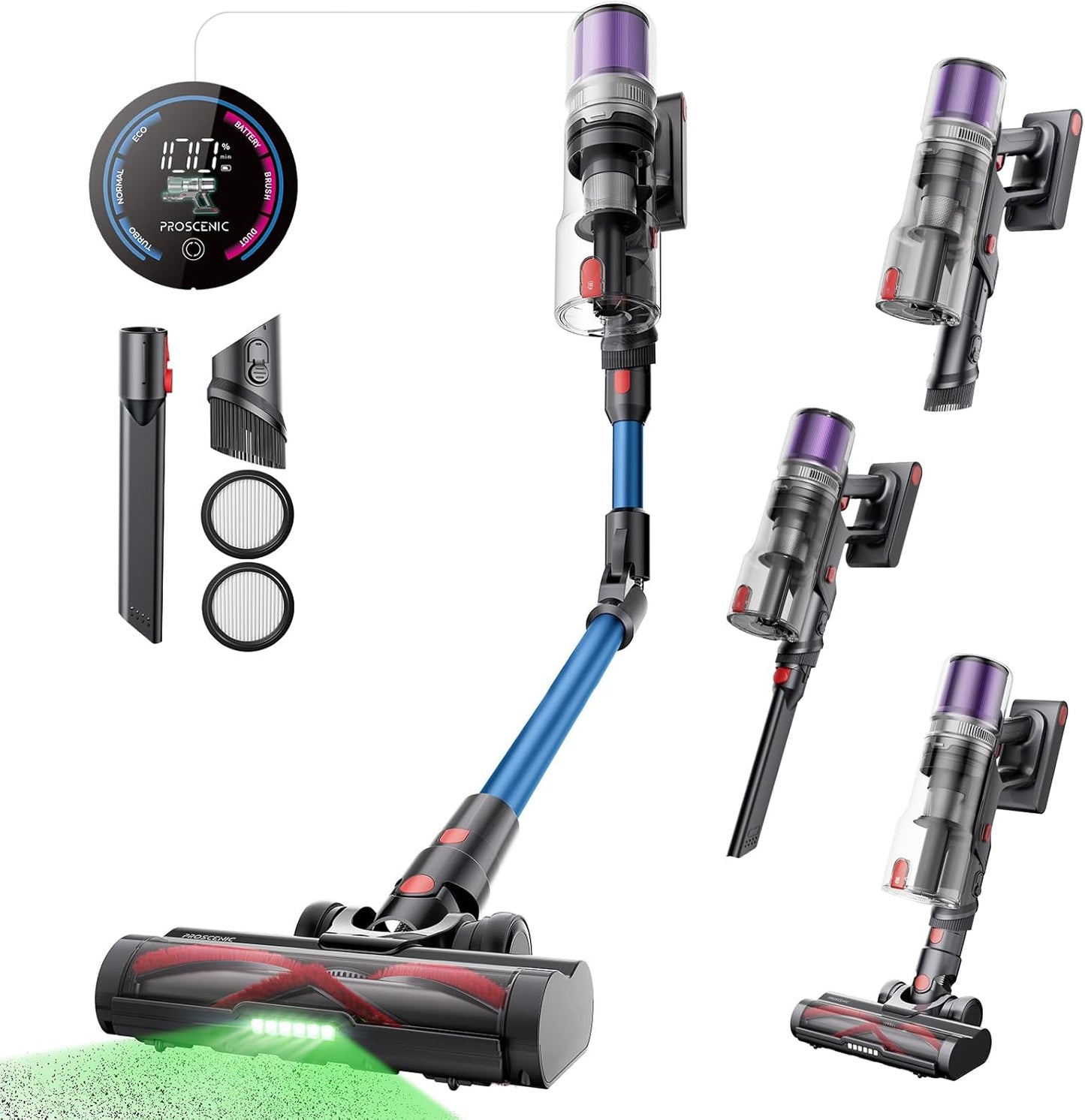 Proscenic Cordless Vacuum Cleaner, 45Kpa 55Mins Runtime, 180°Bendable Wand, Vacuum Cleaners for Home with Green Light, Anti-Tangle Brush, Rechargeable Lightweight Stick Vacuum for Pet Hair, P16(Blue)