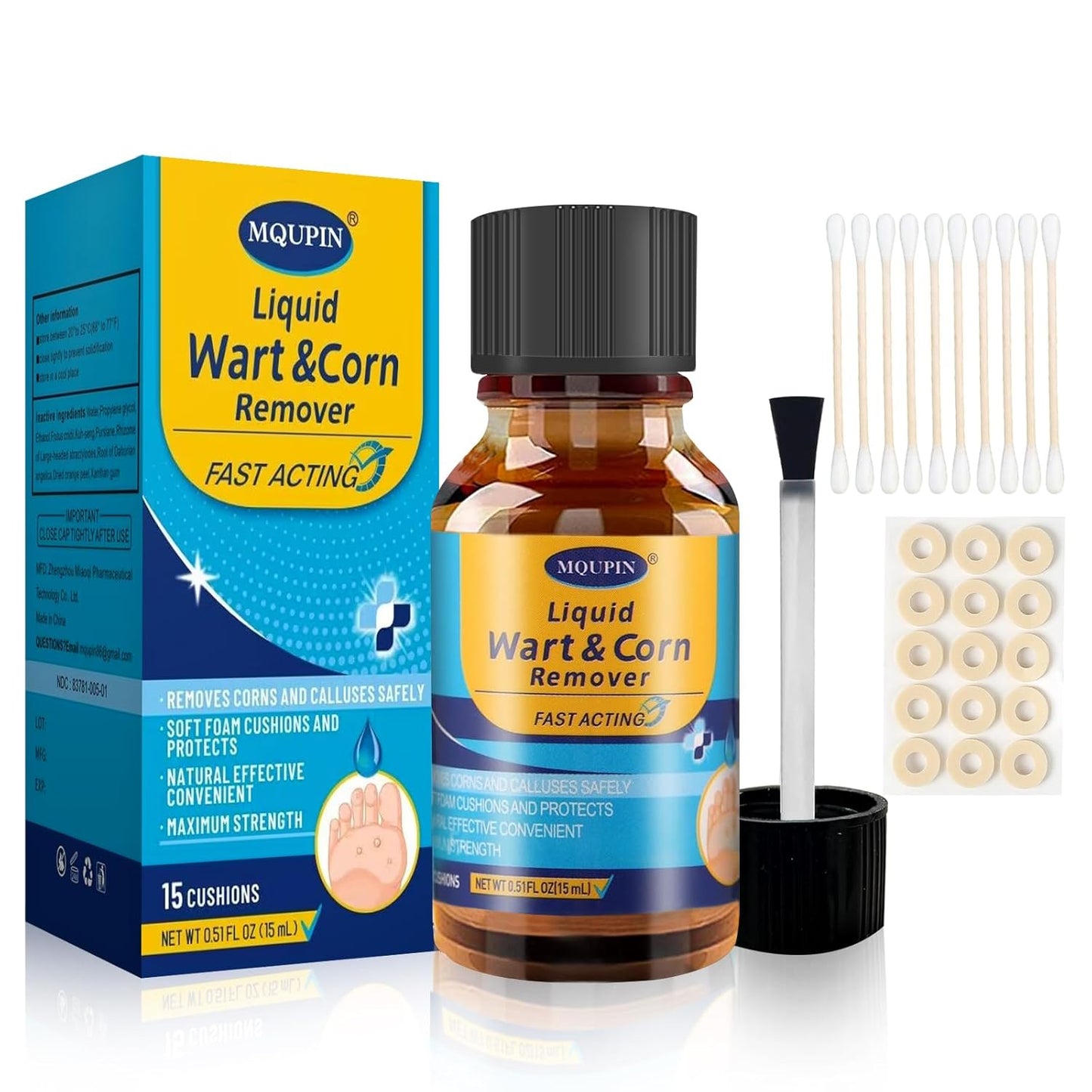 MQUPIN Liquid Corn Removers for Feet, Corn Remover for Toes-Fast Acting Liquid for Corn, Common and Plantar Removal-Safe Foot Care with Corn Cushions