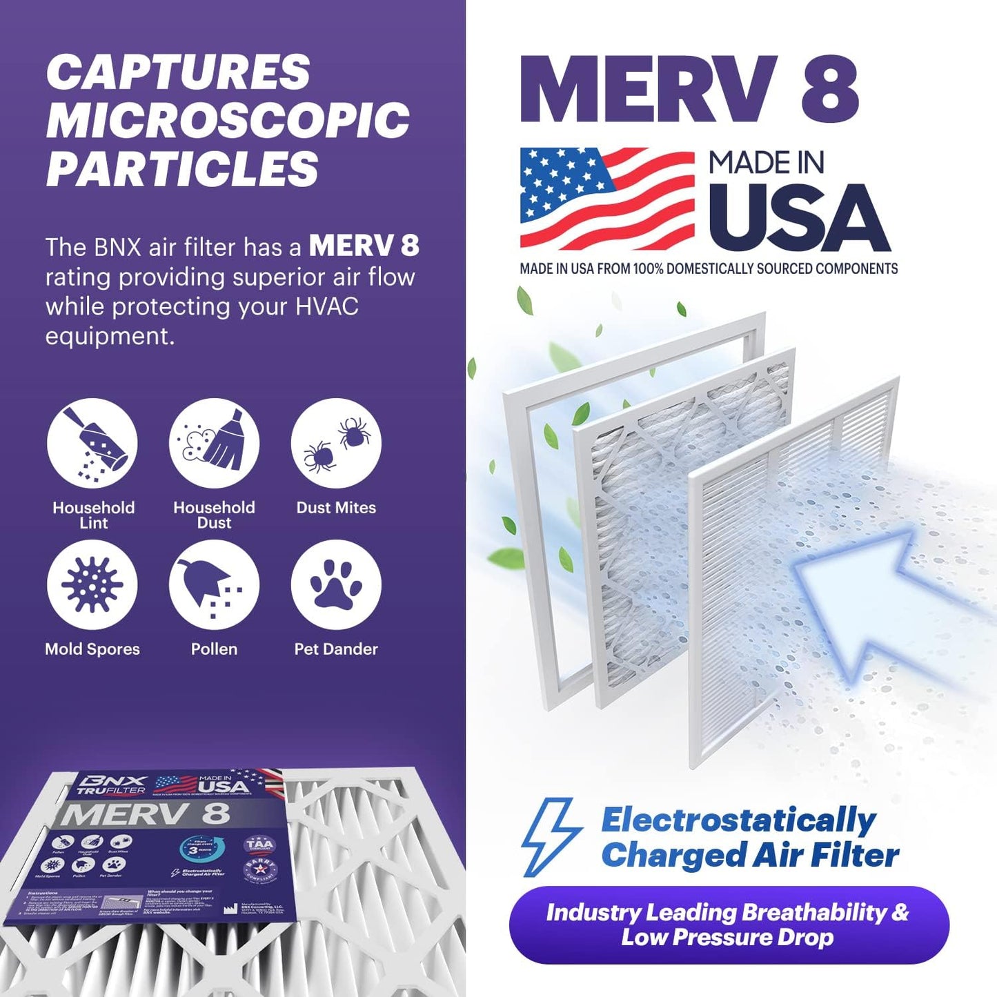 BNX TruFilter 18x20x1 Air Filter MERV 8 (6-Pack) - MADE IN USA – Dust & Pet Defense Electrostatic Pleated Air Conditioner HVAC AC Furnace Filters for Dust, Pet, Mold, Pollen MPR 600 – 700 & FPR 5