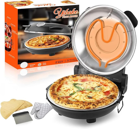 12" Electric Pizza Oven - Countertop Pizza Maker with Ceramic Stone, Heats up to 800°F, Portable Indoor Pizza Oven for Homemade Pizzas, Black