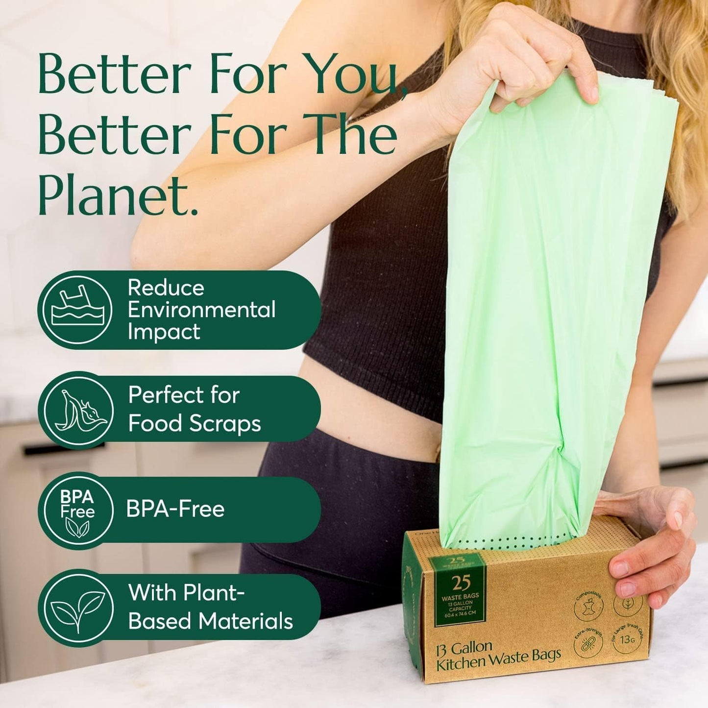 Cleanomic Compostable* 13 Gallon Trash Bags with Drawstring (3 Pack, 75 Count), BPI Certified For Kitchen Compost