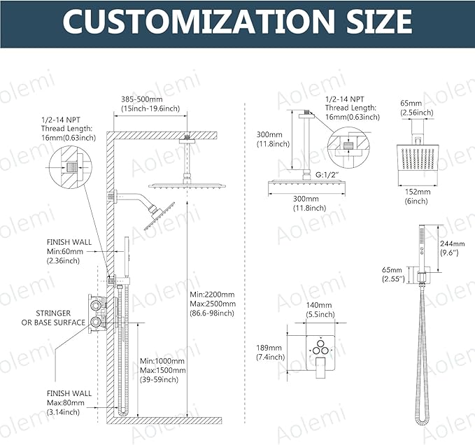 Aolemi Shower Faucet Set Ceiling Mount Shower System Rough-in Valve and Shower Trim Kit 2 in 1 Handheld Spray Push Button Diverter 12 and 6 Inch Dual Shower Head Matte Black