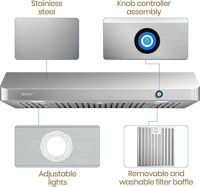 EKON 36 inches Under Cabinet Range Hood, 900 CFM Stainless Steel Kitchen Chimney Vent, 4 Speed Touch Screen Control With Remote 2Pcs 3W LED Knob Control