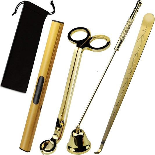 4 in 1 Candle Accessory Set, USB Rechargeable Lighter, Candle Wick Trimmer Cutter, Candle Snuffer & Candle Wick Dipper for Candle Aromatherapy Lover Gift, Stainless Steel Candle Care Kit (Golden)