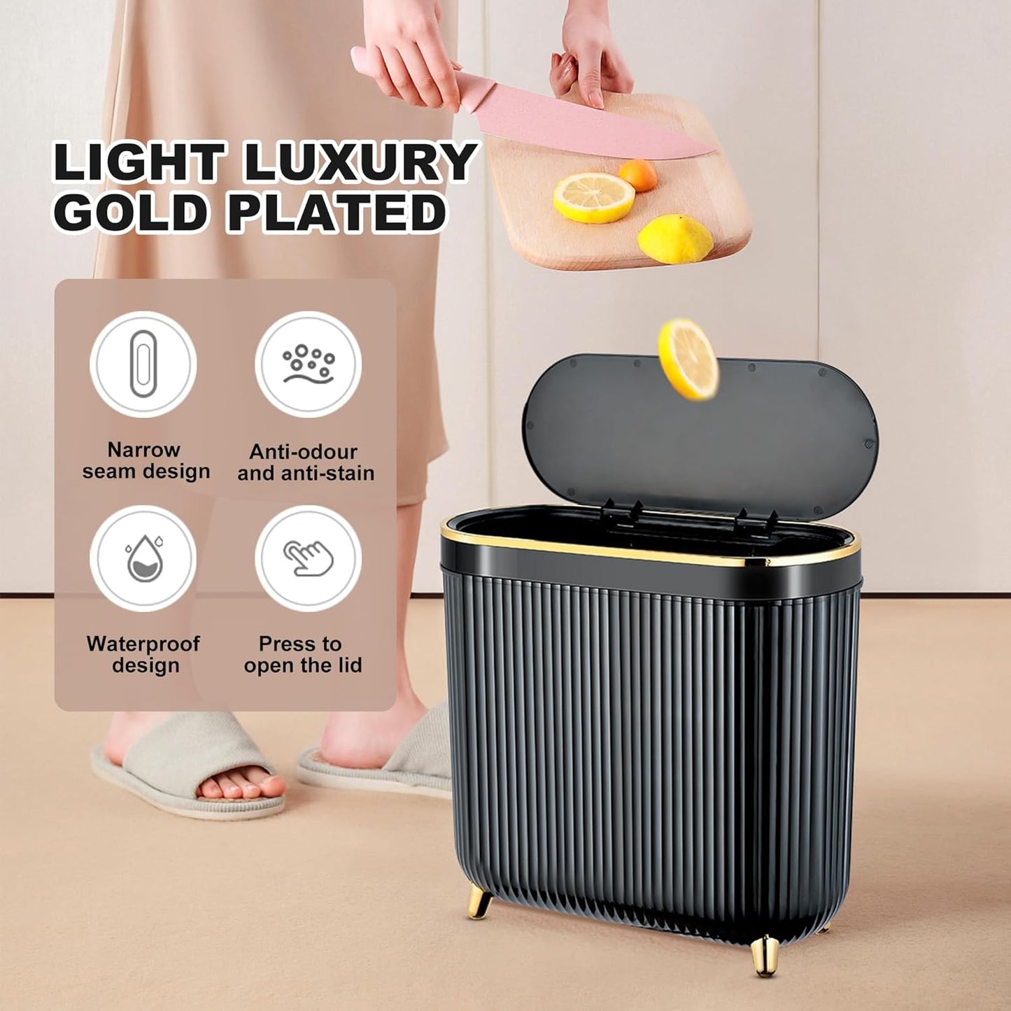 Bathroom Trash Can with Lid 3.1 Gallon Narrow Trash Can Small Plastic Trash Bin 12 Liter Rectangular Plastic Garbage Can with Press Type Lid for Bedroom Bathroom
