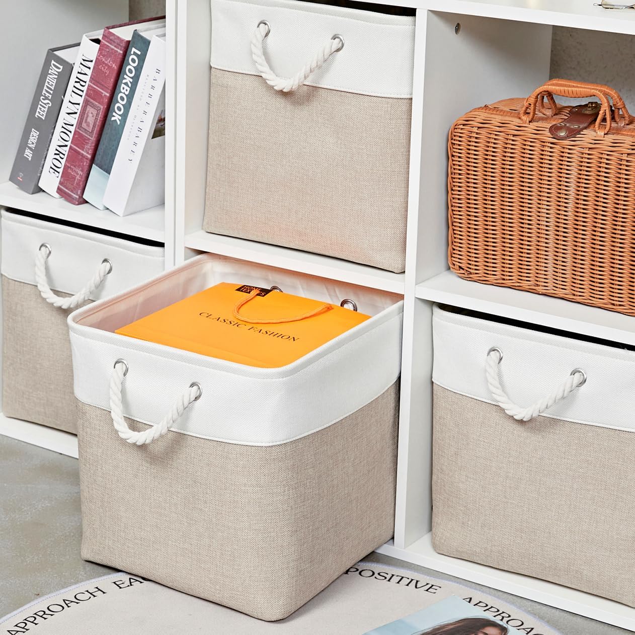 13 x 13 Inch Storage Cubes，6 Pack Cube Storage Bins for Shelves，Fabric Collapsible Storage Bins with Handles, Foldable Storage Basket for Organizing Clothes, Toys, Books (White&Beige)