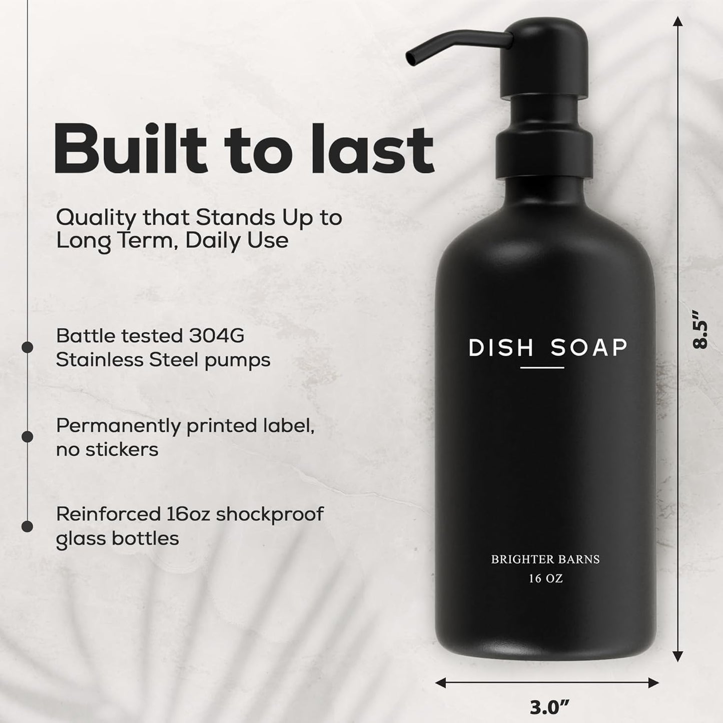 Black Glass Hand and Dish Soap Dispenser Set by Brighter Barns - Kitchen Soap Dispenser Set & Pump - Glass Bottles for Kitchen Sink - Modern Farmhouse Counter Decor, Neutral Home Decor, Gifts (Black)