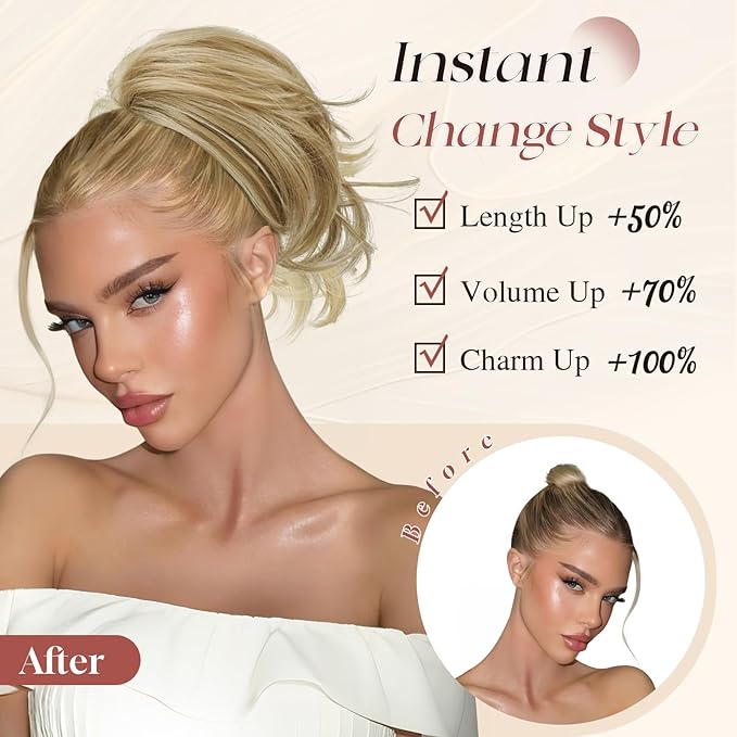 SOFEIYAN Claw Clip Short Ponytail Extension DIY Bendable Wires Hair Bun Fluffy Fake Hair Piece Straight Synthetic Hair Ponytail Extensions for Wonen - Light Blonde with Platinum Tips