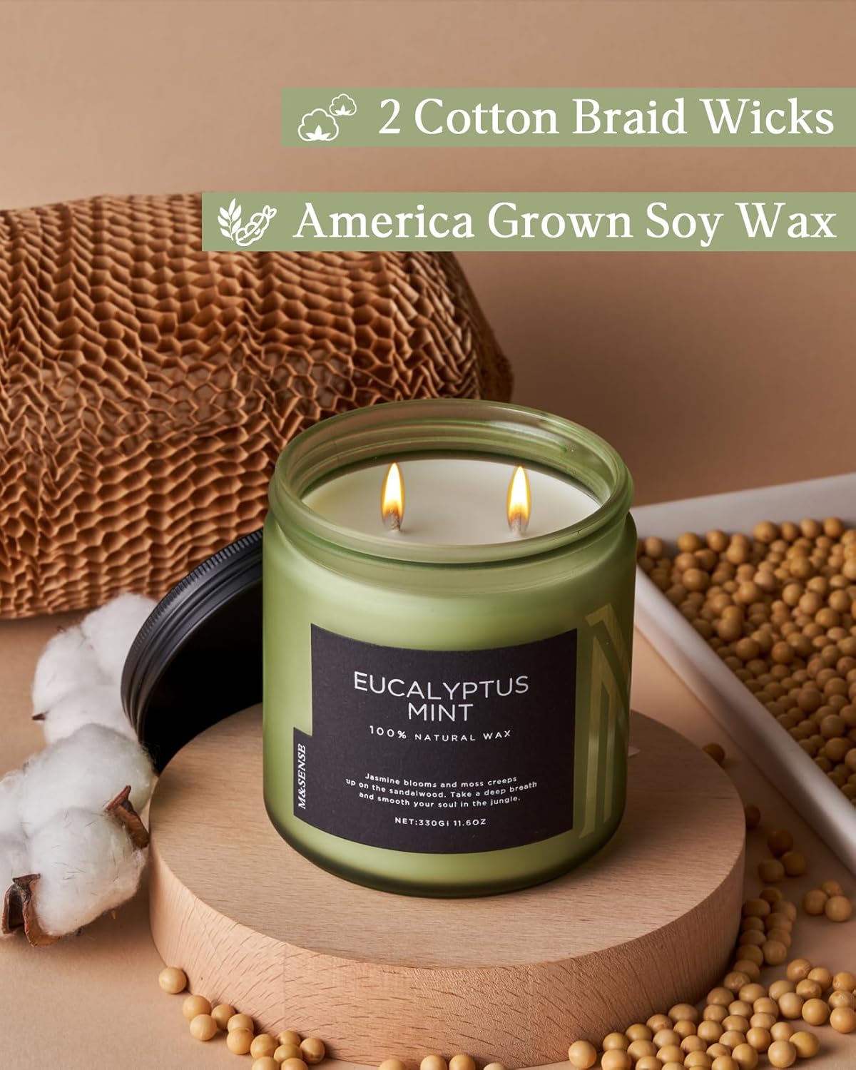 M&SENSE Eucalyptus & Mint Soy Candles for Home Scented, 11.6oz 70 Hour Burn Aromatherapy Candle Gift for Stress Relief, Meditation, Yoga, Relaxing SPA, Reusable Jar for Men and Women