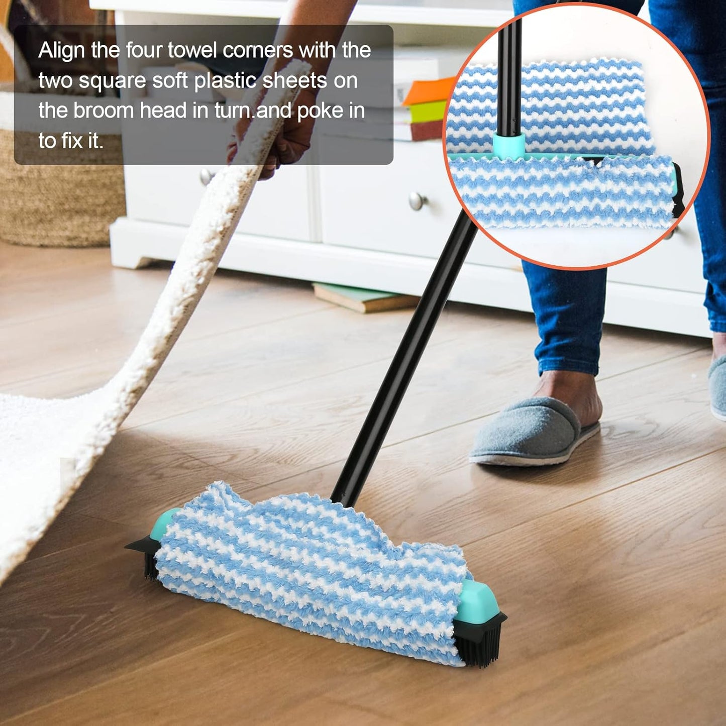 Rubber Broom Carpet Rake for Pet Hair Removal, Fur Remover Broom with 59" Telescoping Long Handle, Pet Hair Broom with Squeegee for Carpet, Hardwood Floor, Tile
