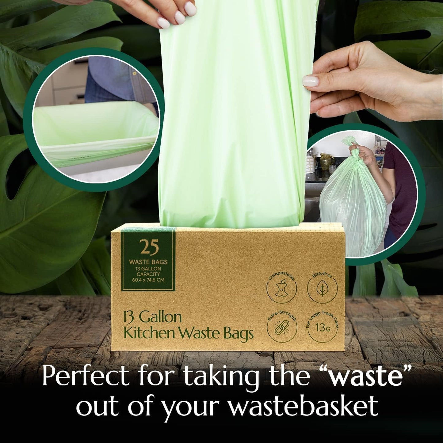 Cleanomic Compostable* 13 Gallon Trash Bags with Drawstring (3 Pack, 75 Count), BPI Certified For Kitchen Compost