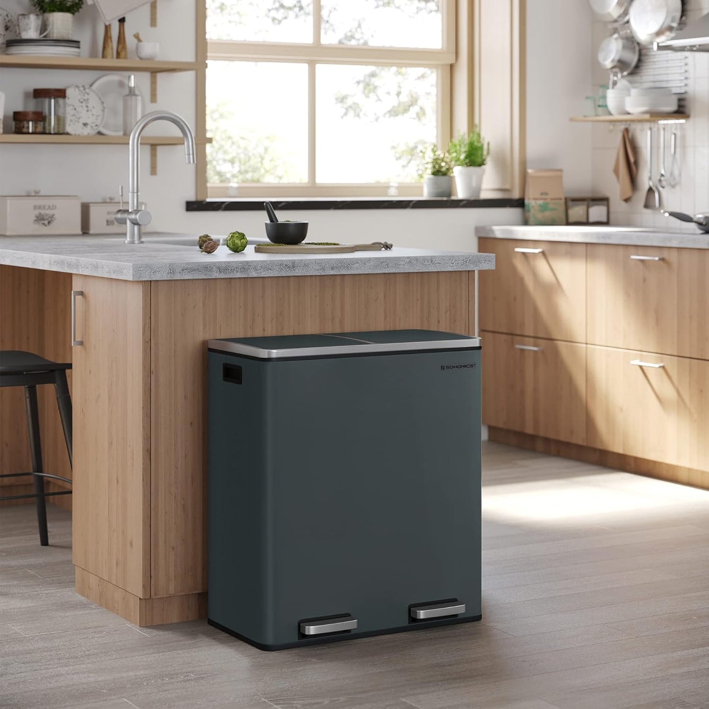 SONGMICS Trash Can, 2 x 8 Gallon (2 x 30 L) Garbage Can for Kitchen, with 15 Trash Bags, 2 Compartments, Plastic Inner Buckets and Hinged Lids, Airtight, Greenish-Gray ULTB60GS02