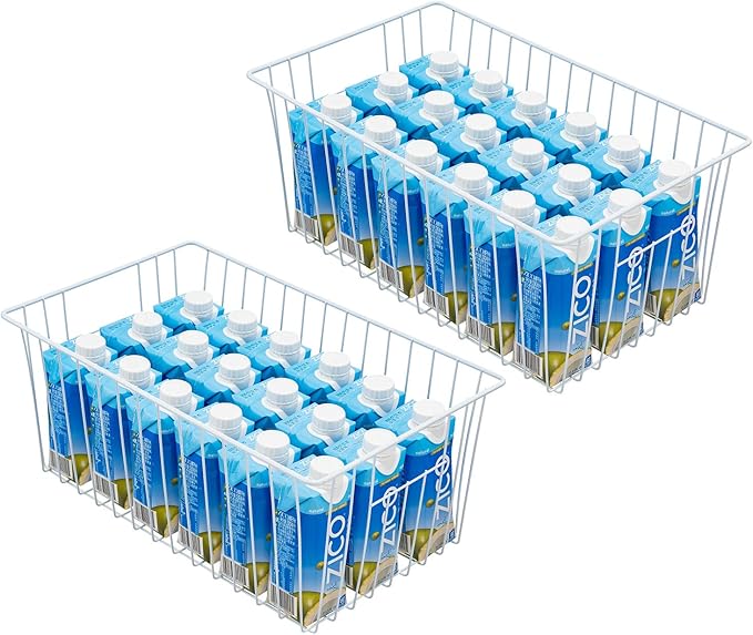 16Lx12Wx6H inch Wider Freezer Organizer Baskets Container, Refrigerator Metal Wire Storage Bins with Handles for Kitchen, Pantry, Cabinet, Closets - Pearl White（4 Packs