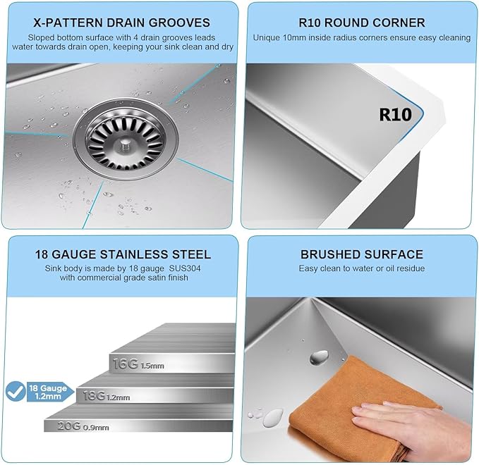 30-Inch Drop in Kitchen Sink Handmade Topmount 16 Gauge 304 Stainless Steel Single Bowl Kitchen Workstation Sink in 10-inch-Depth 30"x22"x10"