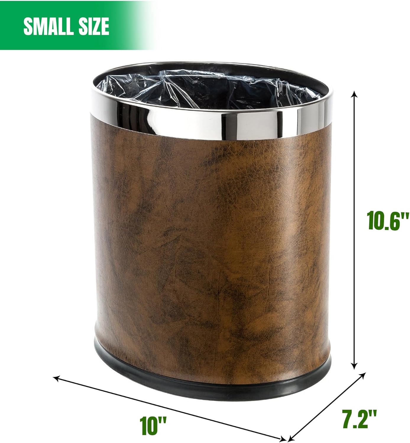 Invisi-Overlap' Open Top Leatherette Trash Can, Small Office Wastebasket, Modern Home Décor, Oval Shape (Brown)