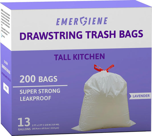 13 Gallon Drawstring Trash Bags, Lavender Scented 200 Count Tall Kichen Garbage Bags, Pre-Separated, Odor Control, Ultra Strong, Leakproof, Sturdy, White